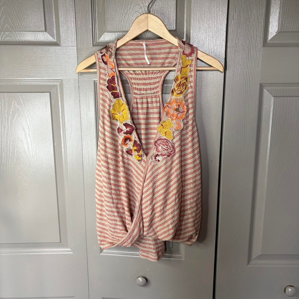 Free People Floral Embroidered Striped Pockets Racerback Dress Pink Multi L